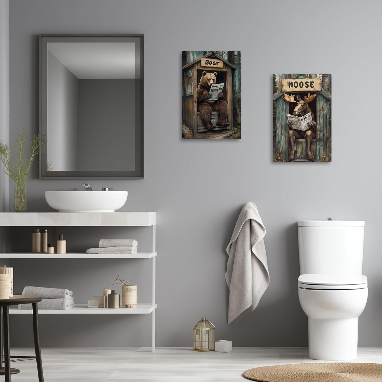 ZXHYWYM Farmhouse Animals Wall Art Set of 2 Bear Moose In Outhouse Toilet Wall Decor Funny Brown Animal Poster for Rustic Cabin Bathroom Frame (Brown, (12.00" x 16.00" x 2PCS))