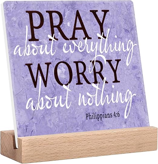 Purple Desk Decor For Bedroom Lavender Room & Office Desk Decor Pray About Everything Worry About Nothing Sign Prayer Room Sign Gifts for Women Ceramic Plaque Tabletop Decorations