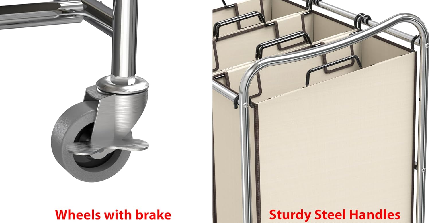 Close-up image showing the heavy-duty casters with a brake mechanism and the sturdy steel handles on the laundry bags.