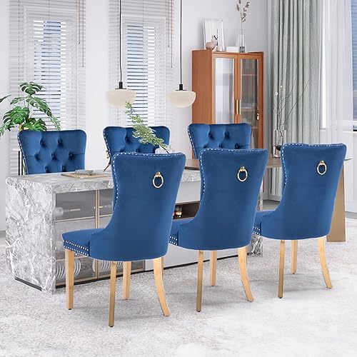 Miniatura 12 de Juego de 6 sillas de comedor de terciopelo, sillas de comedor tapizadas acolchadas con ribete de tachuelas y patas de madera maciza para cocina,