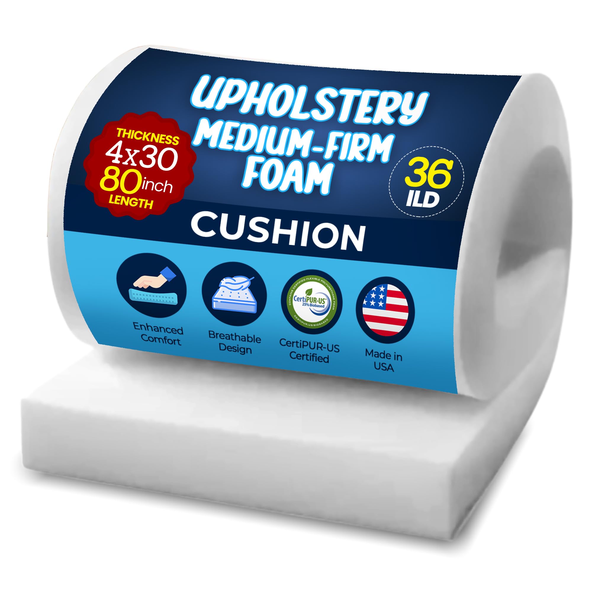 Isellfoam High Density Upholstery Foam Cushion, 4" H x 30" W x 80" L (Medium Firm) 36ILD, Upholstery Foam High Density, CertiPUR-US Certified Foam,