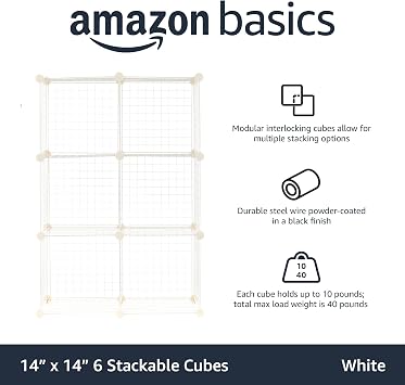 Amazon Basics 6 Cube Wire Grid Storage Organizer, Stackable Storage Cubes, Modular Closet Organizer Shelves, 14.6 D x 30.3 W x 44.8 H, White