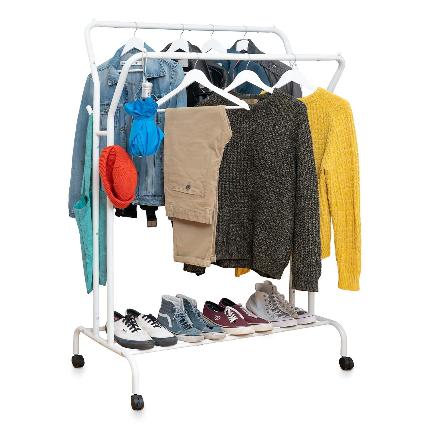Tatkraft Swan - Burro Ropa Resistente con Ruedas, Hasta 100 kg, Blanco | Burro para Ropa, Perchero Burro, 103x52.5x155 cm, con Estante, Perchero Burro con Doble Barra, Metal