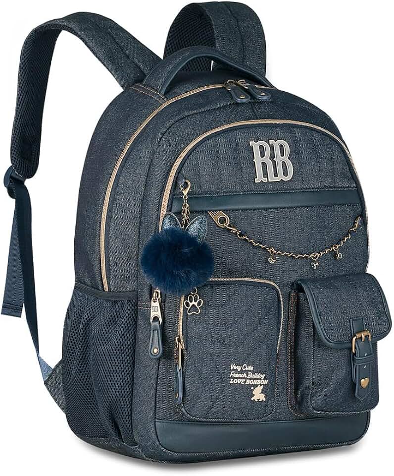 Mochila de Costas Rebecca Bonbon Denim Vintage Jeans RB27024 Escolar Juvenil Grande
