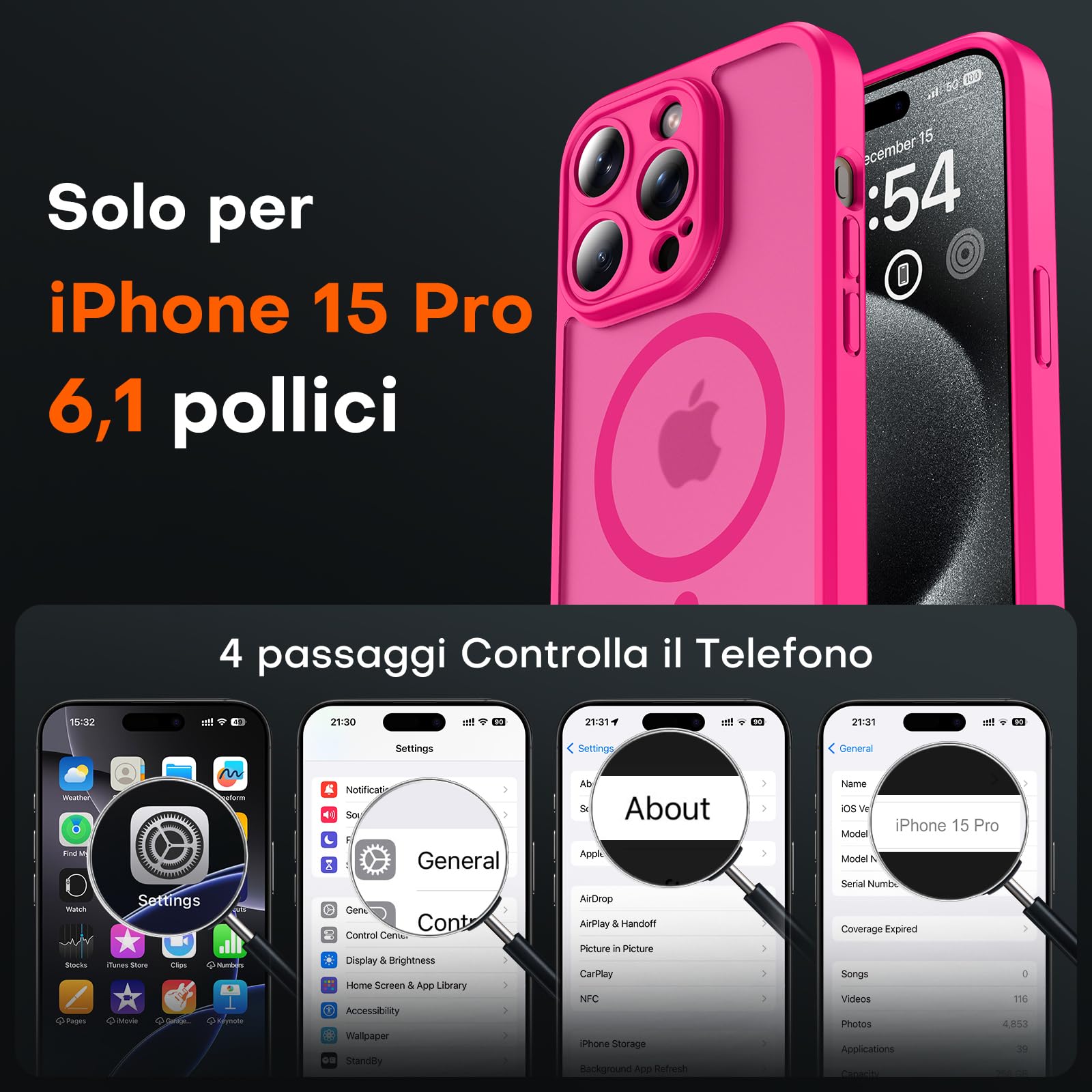 TOCOL Cover Magnetica per iPhone 15 Pro 6,1 Pollic, Compatibile con MagSafe, Protezione Fotocamera Integrata, Custodia Antiurto Traslucida Opaca, Rosa Caldo