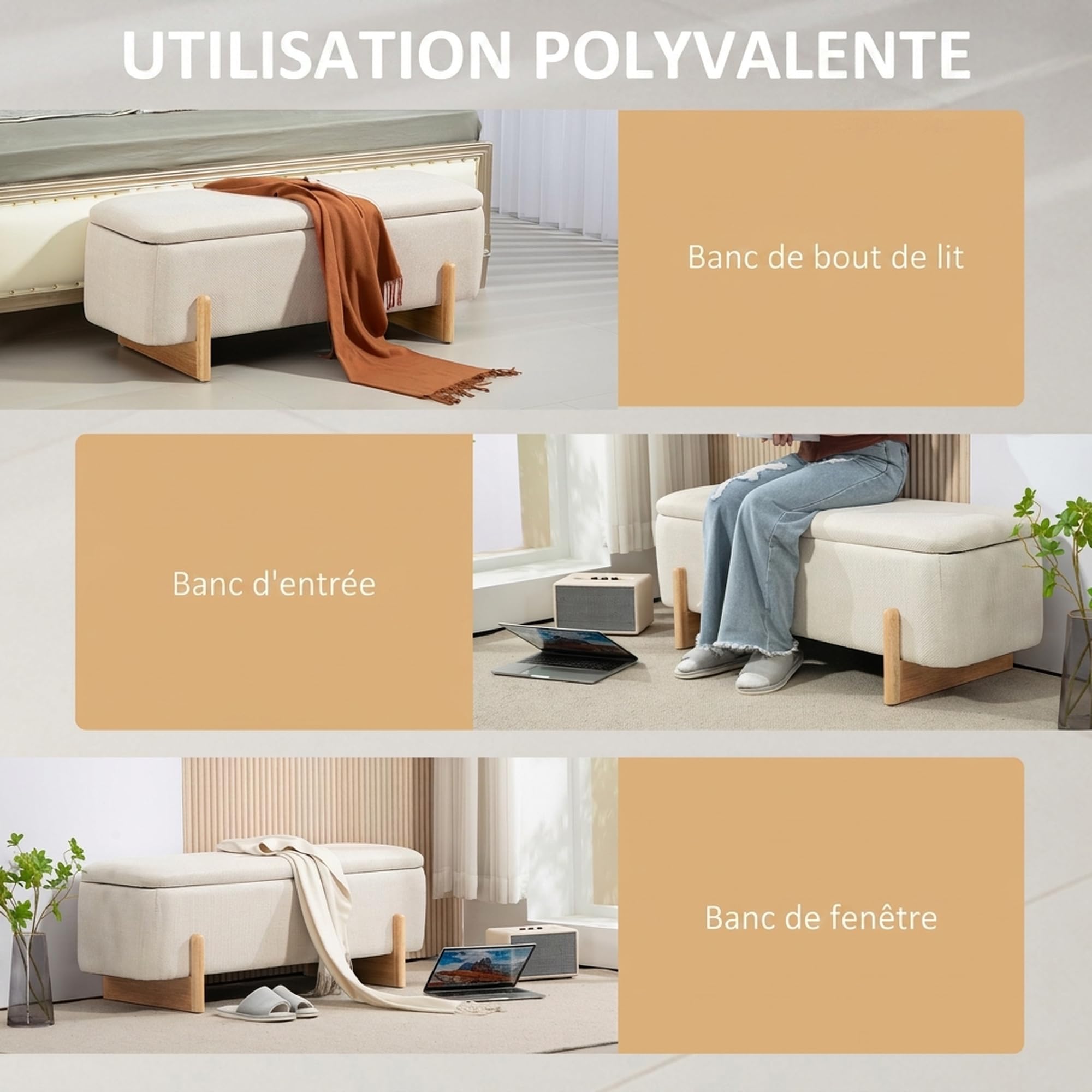 HOMCOM Banc de Rangement Bout de Lit Rembourré 111 x 44 x 44,5 cm Crème