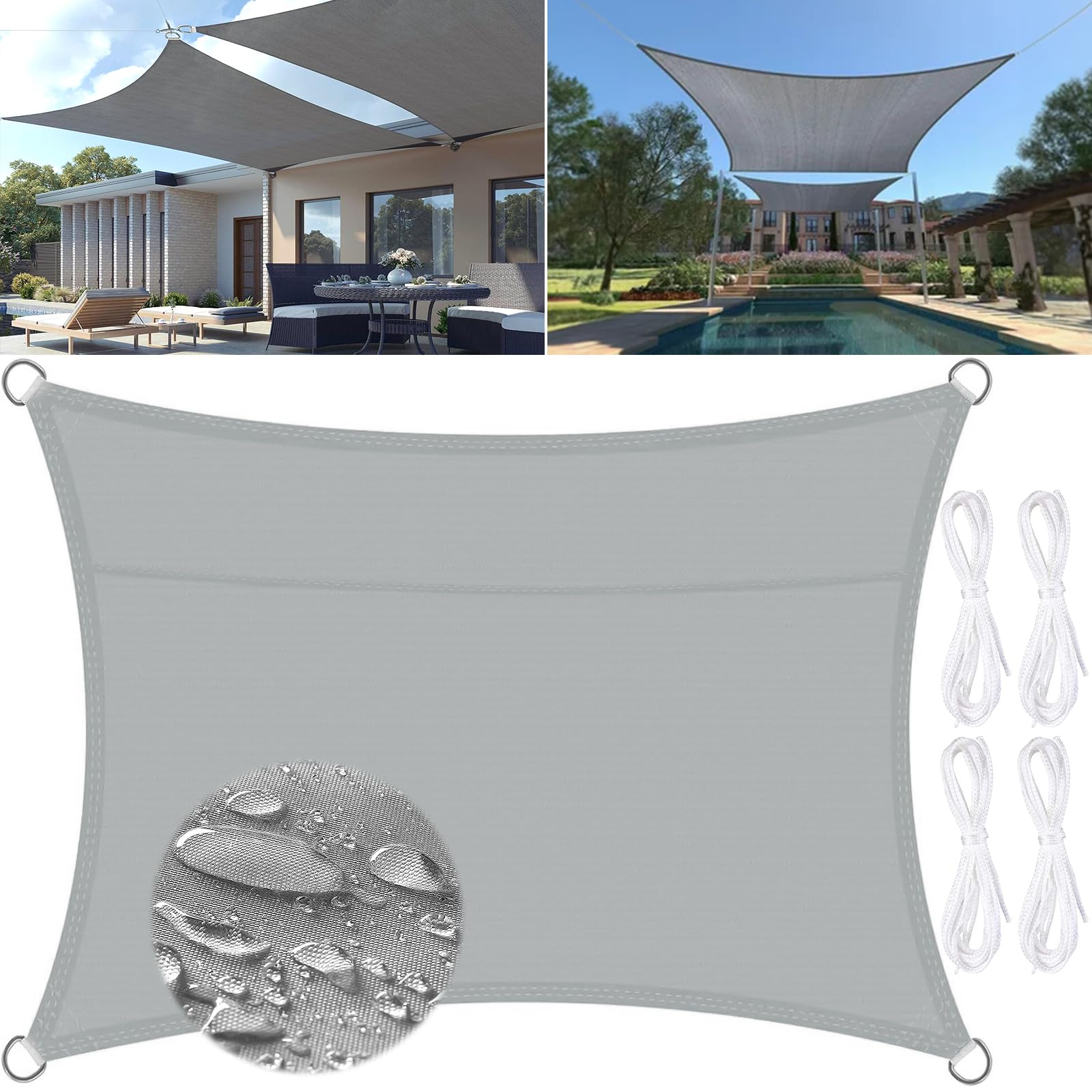 POWZOO Toldo Vela de Sombra Impermeable,toldo de Vela Rectangular 2x3m,Toldos Exterior Terraza Protección Rayos UV para Exteriores, Jardin, Patio.(Gris)