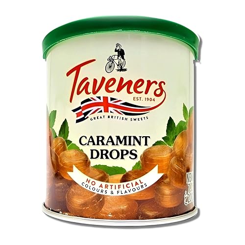 Taveners Caramint Drops Candy – Caramelo británico de menta en lata – Caramelos de menta a la antigua moda – Caramelo de gotas de caramelo duro como