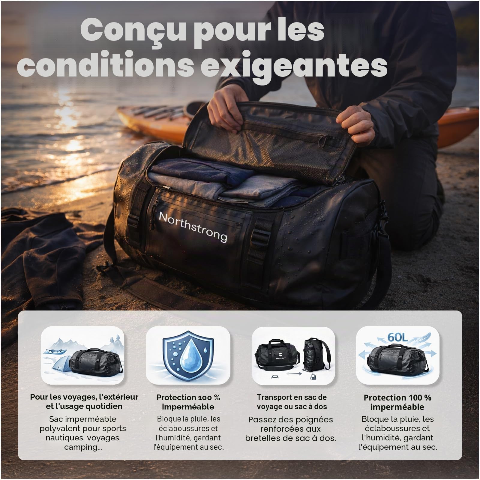 Northstrong Sac Imperméable – Duffle Bag avec Compartiments Séparés – Capacité 60L & PVC 500D Résistant – Sac à Dos avec Bretelles Réglables – pour Sports Nautiques, Outdoor & Voyage – Noir