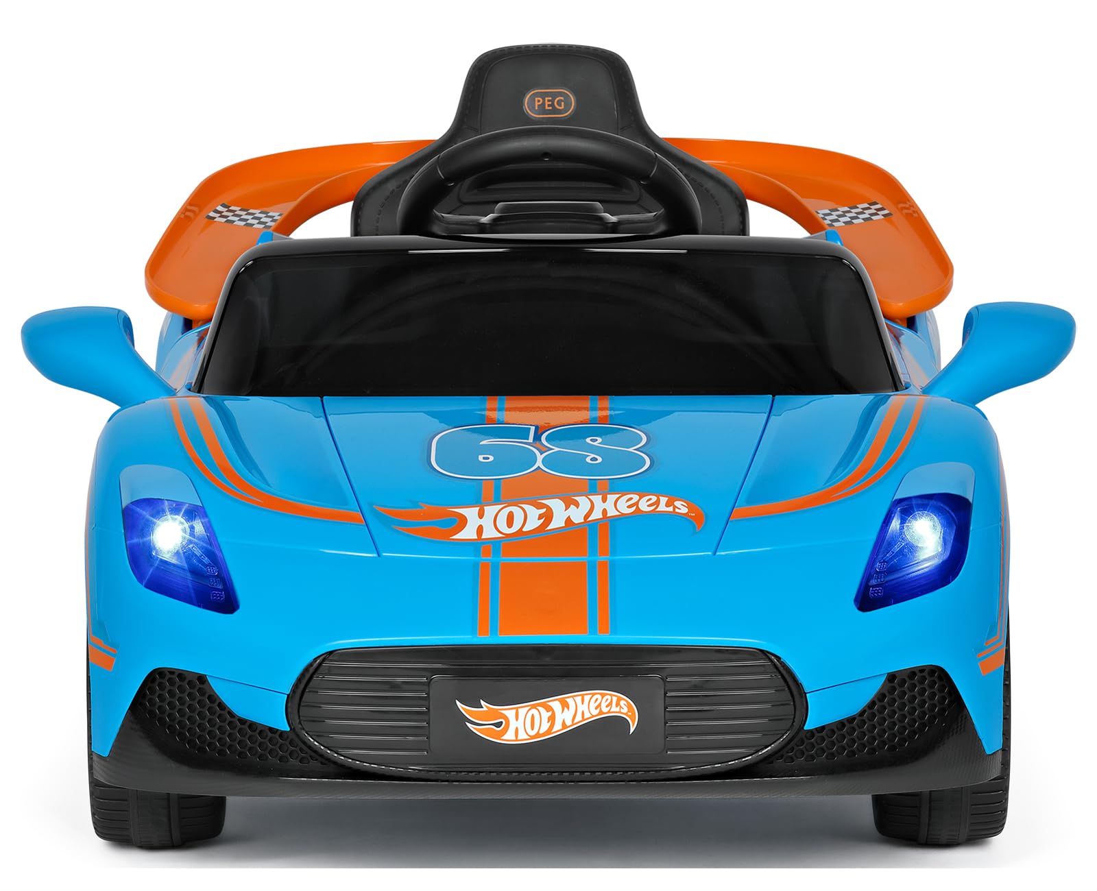 PEG Hot Wheels RC Voiture Électrique 12V pour Enfants avec Télécommande, Conduite Manuelle, Piste Intégrée, Portes Ouvrantes, Lumières et Sons, Âge 18+ Mois