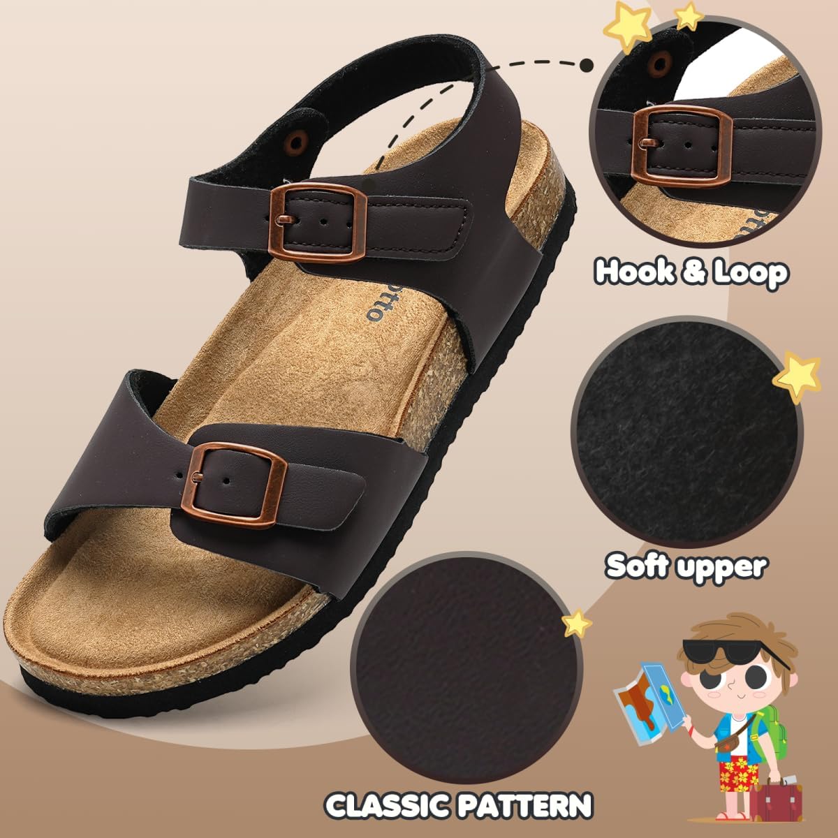 Torotto Toddler Kids Sandals Boys Girls Cork Footbed Sandals with Adjustable Buckle Casual Slides Open Toes Flat