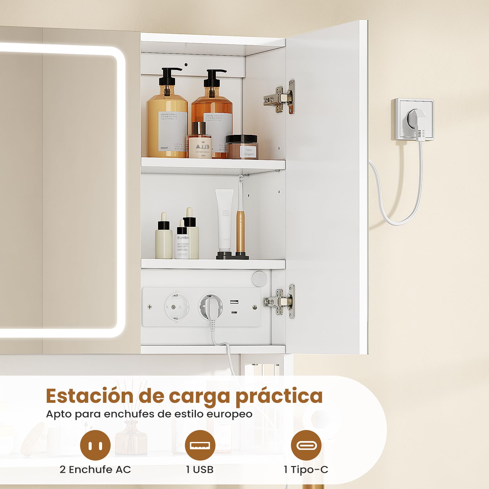 Armario Baño con Espejo 80x16x70 cm, Espejo de Baño con Luz LED y Estantes Regulables, Armario Espejo Baño con Almacenamiento y Enchufe Múltiple, Interruptor Táctil, 2 Puertas Espejo, Blanco