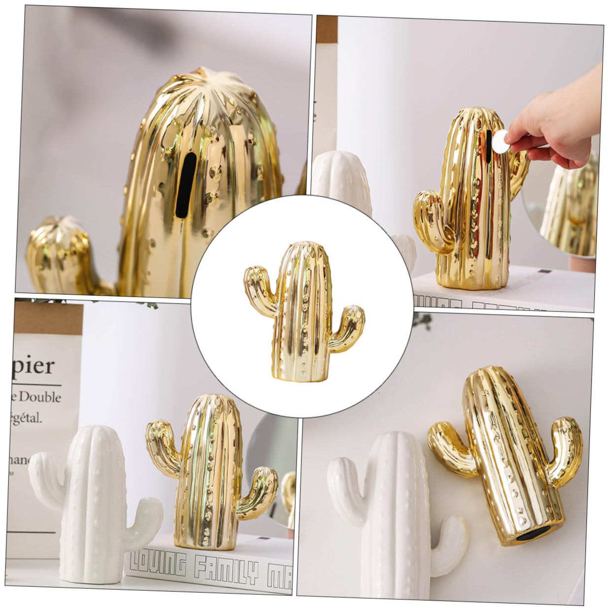 Gatuida Keramik Spardose Kaktus Desktop Spartopf Goldfarben Münzbehälter Heimornament für Wohnzimmer Dekoration und Foto Requisiten