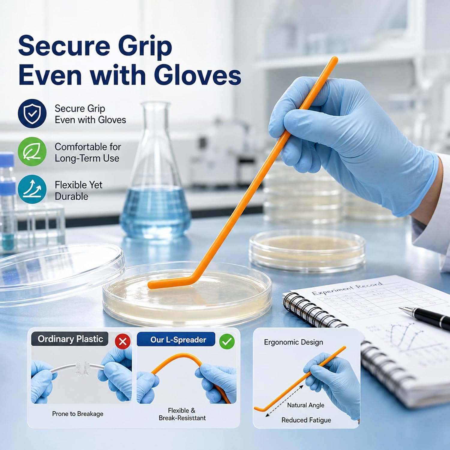 Disposable Cell Spreader, Sterile Polystyrene L-Shaped Agar Spreader, Individually Wrapped for Microbiology, Yeast Coating, DNA Spreading, 100 Pcs, Orange