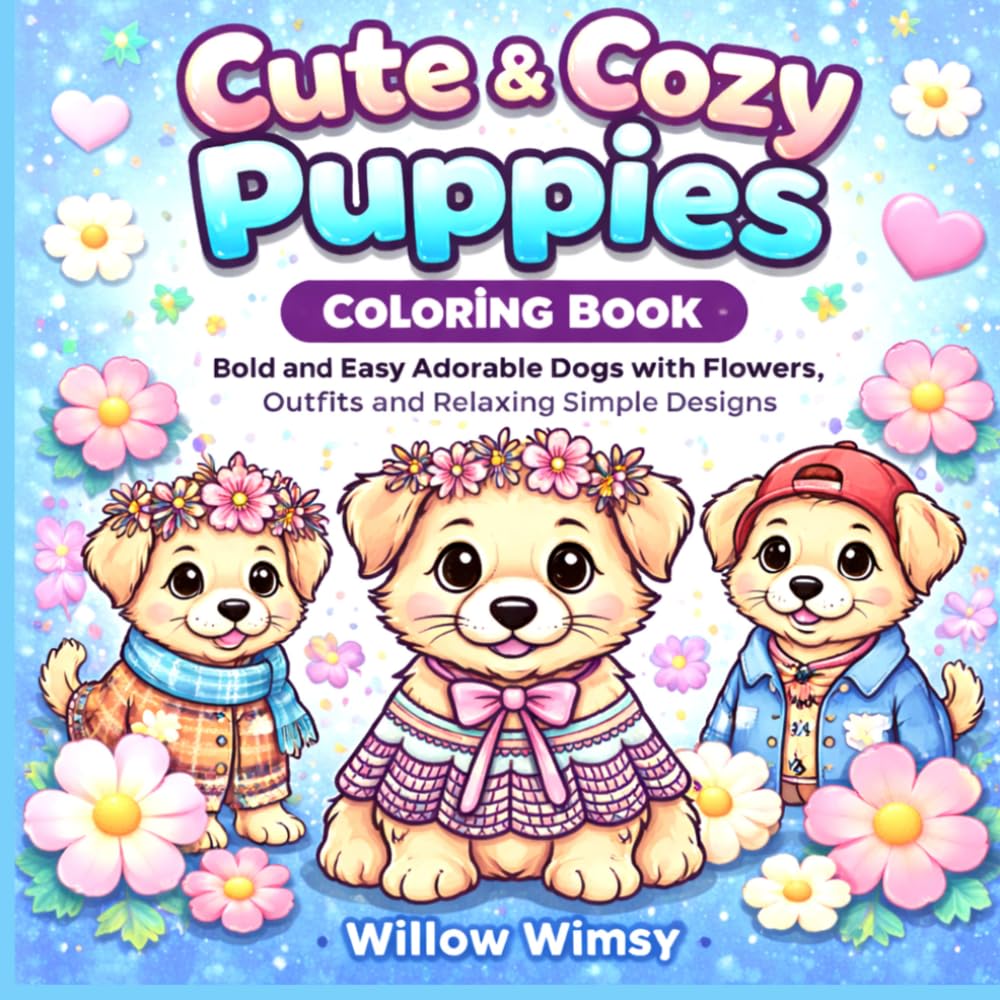 Cute & Cozy Puppies Coloring Book: Bold and Easy Adorable Dogs with Flowers, Outfits and Relaxing Simple Designs