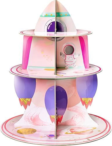 ANGOLIO Soporte para cupcakes de 3 niveles para el espacio exterior, suministros de fiesta para niños, decoración de fiesta de cumpleaños, temática disponible en Yaxa Peru