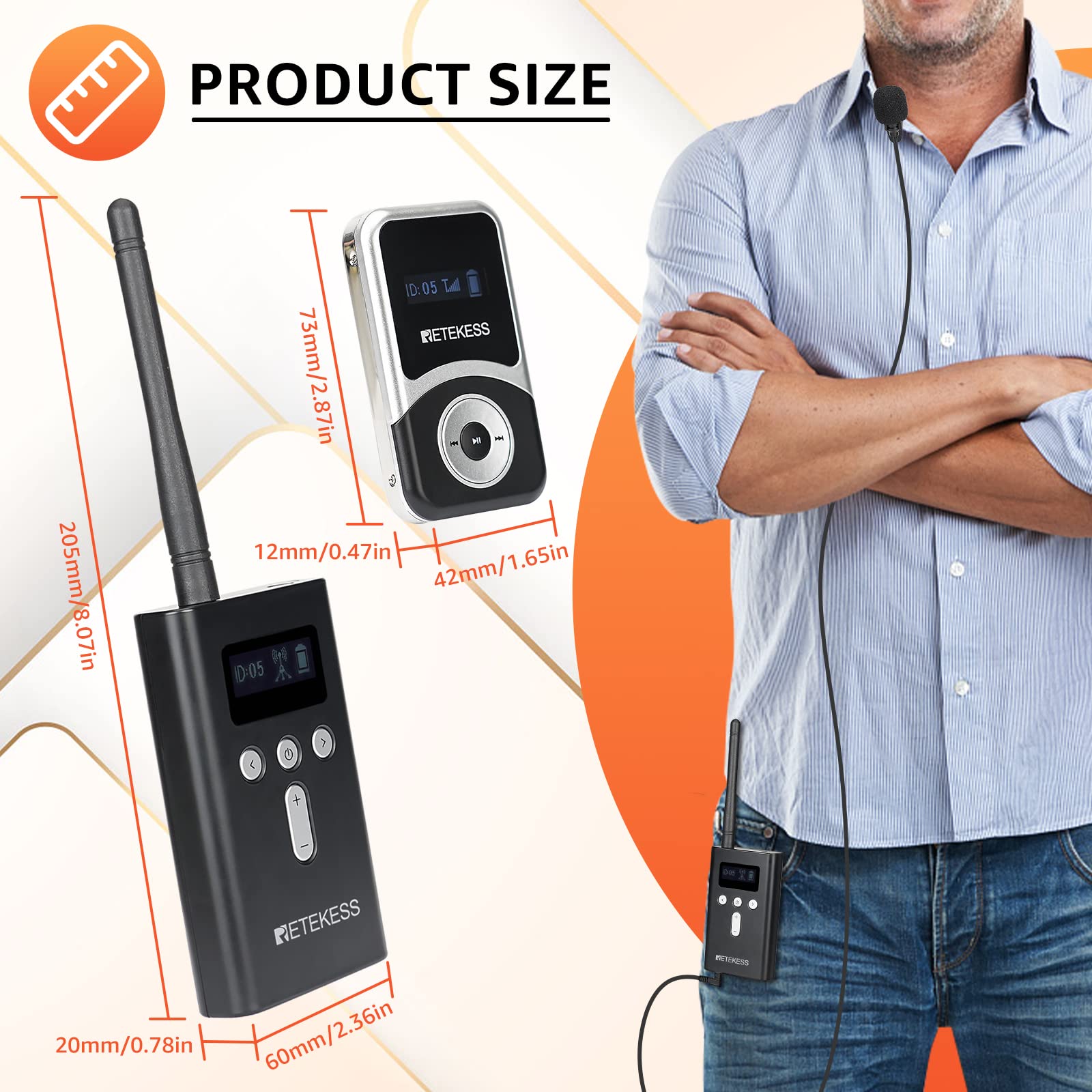Retekess T130S (T130 2rd) Sistema di Audio guida, Sistema di Guida Wireless, Operazione con un Clic, 100m, Cuffia D, Tasto Muto, per Turismo, Fabbrica (1 Trasmettitore 5 Ricevitori)