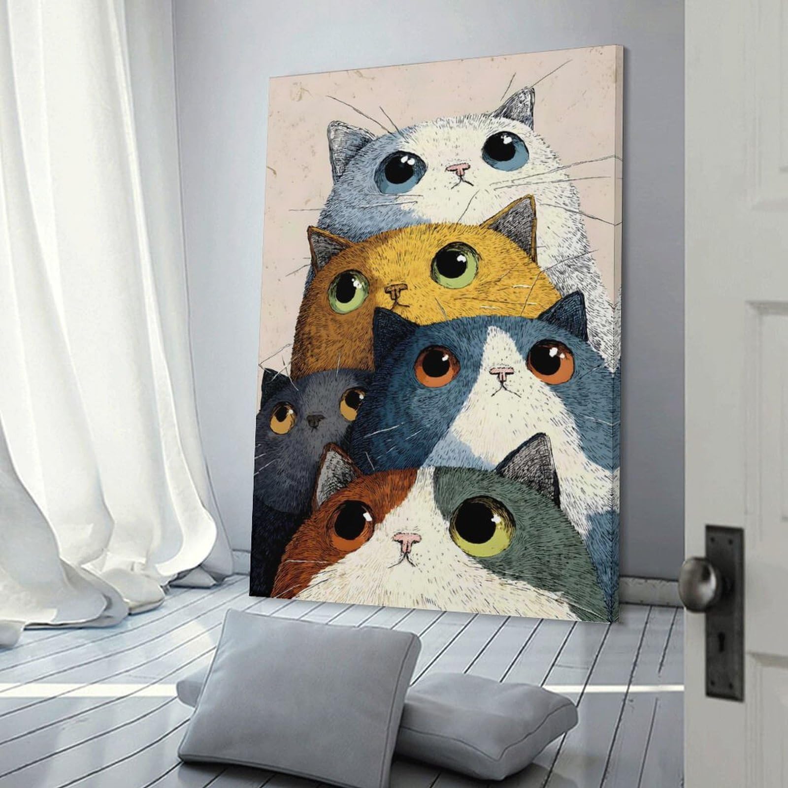 Junmoney Canvas Art Print Stack of Colorful Cats Illustration, 16x24inch(40x60cm), for New Homes, Bedrooms Or Workspaces, Thoughtful Wall Decor for Art Lovers