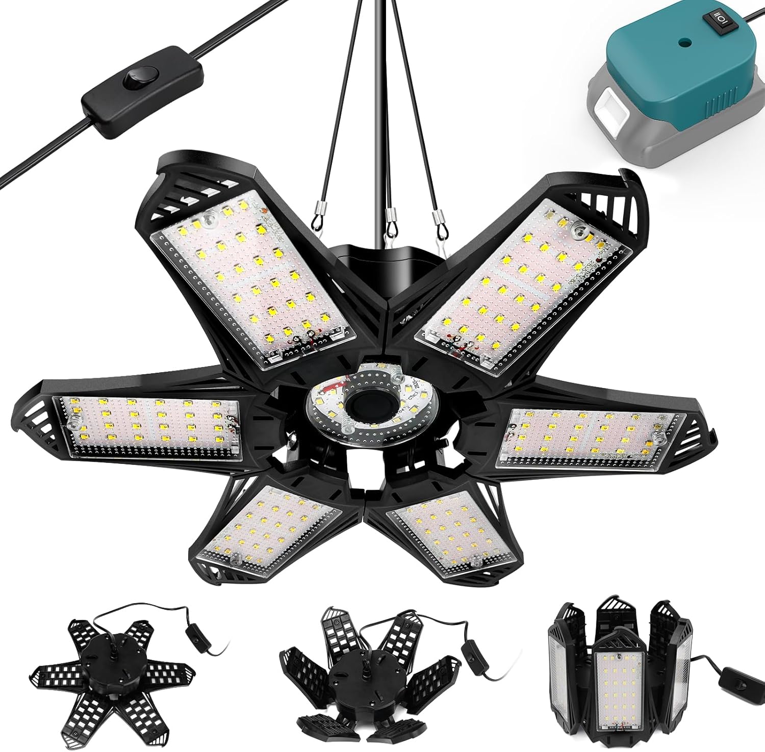 LIVOWALNY LED Work Light Compatible with Milwaukee 18V Battery, 68W 6800LM LED Garage Flood Lights with 6+1 Deformable Panels, Battery Powered Pendant Ceiling Light for Shed Workshop Garage Home