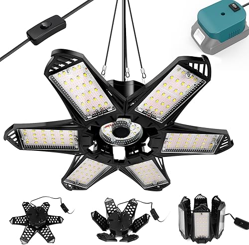 Miniatura 8 de LIVOWALNY Luz de trabajo LED compatible con batería Milwaukee de 18 V, 68 W 6800 lm luces LED de inundación de garaje con 6+1 paneles deformables,