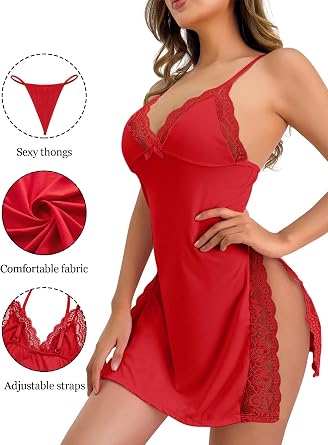 Lilosy Sexy Lingerie Dress 2pcs Women Night Gown with Thong | Split Side Babydoll Dress Set Plus Size Sheer Mesh Lace Trim Negligee Sleepwear Christmas Valentine's Honeymoon
