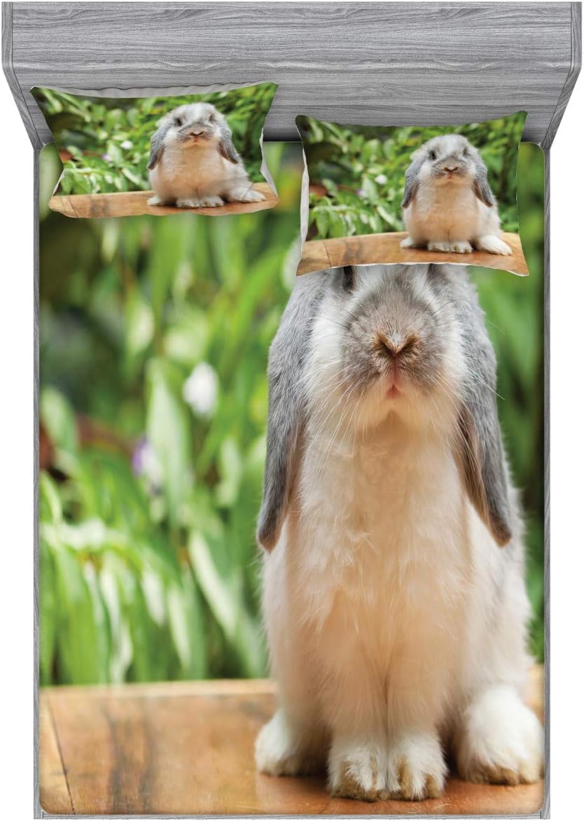 Ambesonne Bunny Fitted Sheet & Pillow Sham Set, Photo of a Holland Lop Rabbit Standing on a Wooden Board Green Plants at Background, Decorative Printed 3 Piece Bedding Decor Set, Full, Multicolor