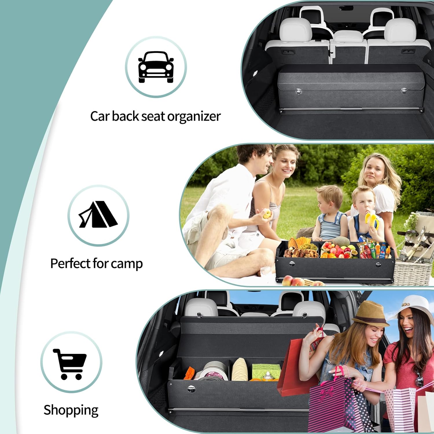 Car Trunk Organizer, Leather Trunk Organizer for Suv with Lid and Push-pull Handle Car Trunk Leather Storage Box Extra Large Cargo Storage (Black, 41.3 x 11.4 x 12.2in)