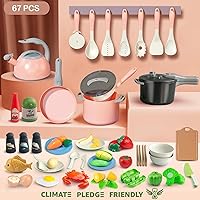 Vista 2 de Bruvoalon Juego de 67 piezas de juguetes de cocina para niños, juego de cocina de simulación para niños pequeños con ollas, sartenes, utensilios