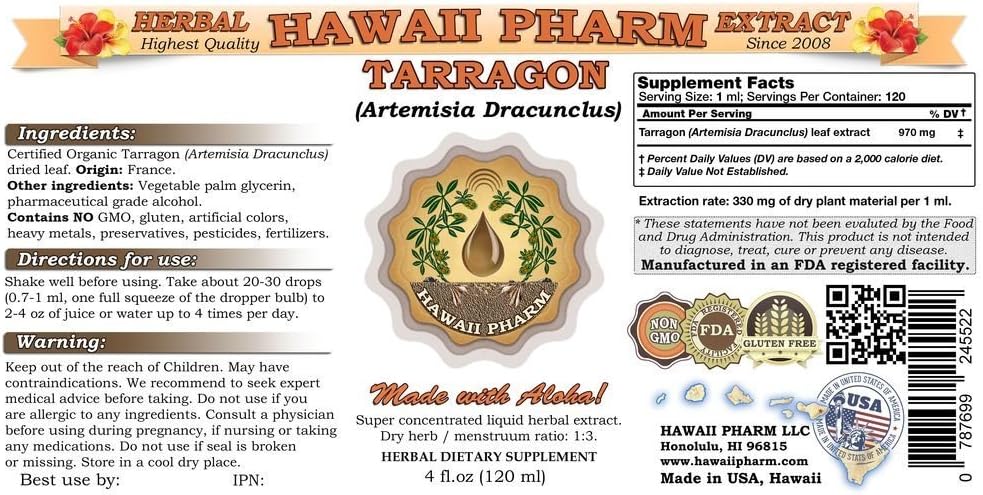 Tarragon Liquid Extract, Tarragon (Artemisia Dracunclus) Dried Leaf Tincture, Herbal Supplement, Hawaii Pharm, Made in USA, 2x2 fl.oz