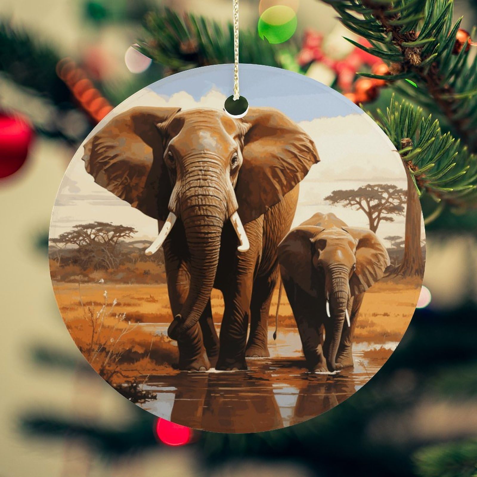 Elephant Family Christmas Ornament for Christmas Tree Ceramic Round Ornament Winter Holiday Keepsake Gift 2.7" Christmas Tree Hanging Decorations Circle Ceramic Pendant Xmas Gift
