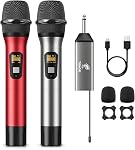 TONOR Dual Wireless Microphones, TW630, UHF Cordless Mic, 2 Handheld Metal Dyanmic Mic with Receiver, 200ft Range, Silver&Red