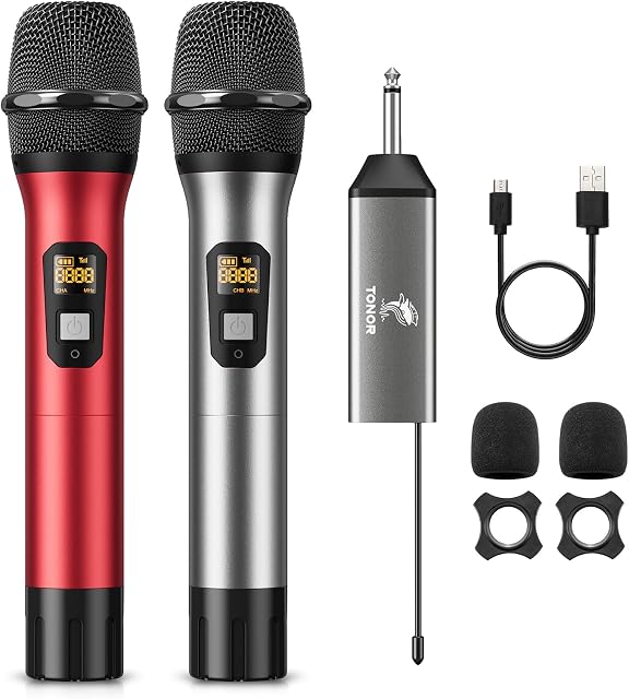 TONOR Dual Wireless Microphones, TW630, UHF Cordless Mic, 2 Handheld Metal Dyanmic Mic with Receiver, 200ft Range, Silver&Red