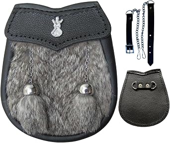 AAR New Baby Fur Sporran Scottish Free Chain Leather Kilt Multi Design Brown Fur 2 Tassels