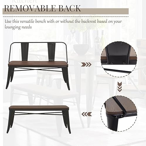 Miniatura 4 de YOLENY Banco de comedor, banco de entrada con respaldo, banco de comedor de metal de granja, banco industrial de mediados de siglo para 3 personas,