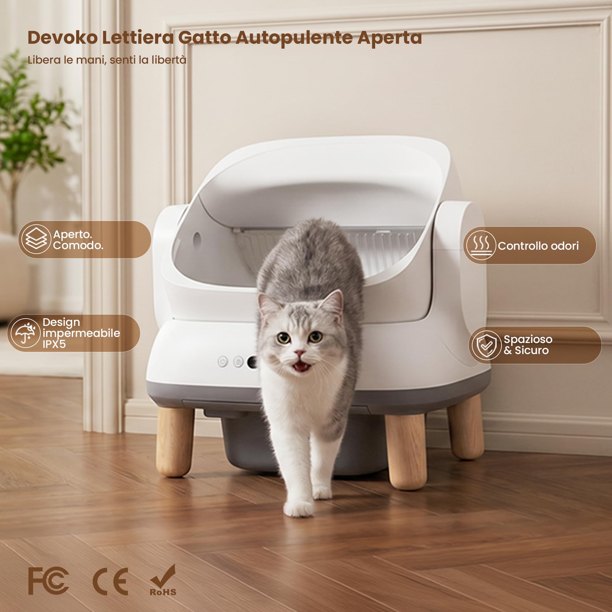 Devoko Arenero Gatos Autolimpiable Grande, Caja de Arena para Gatos Autolimpiable XXL Eléctrica con Sensores Seguridad/Antiatrapamiento/App, para Gatos Grandes - Open-Top Automatic Cat Litter Box