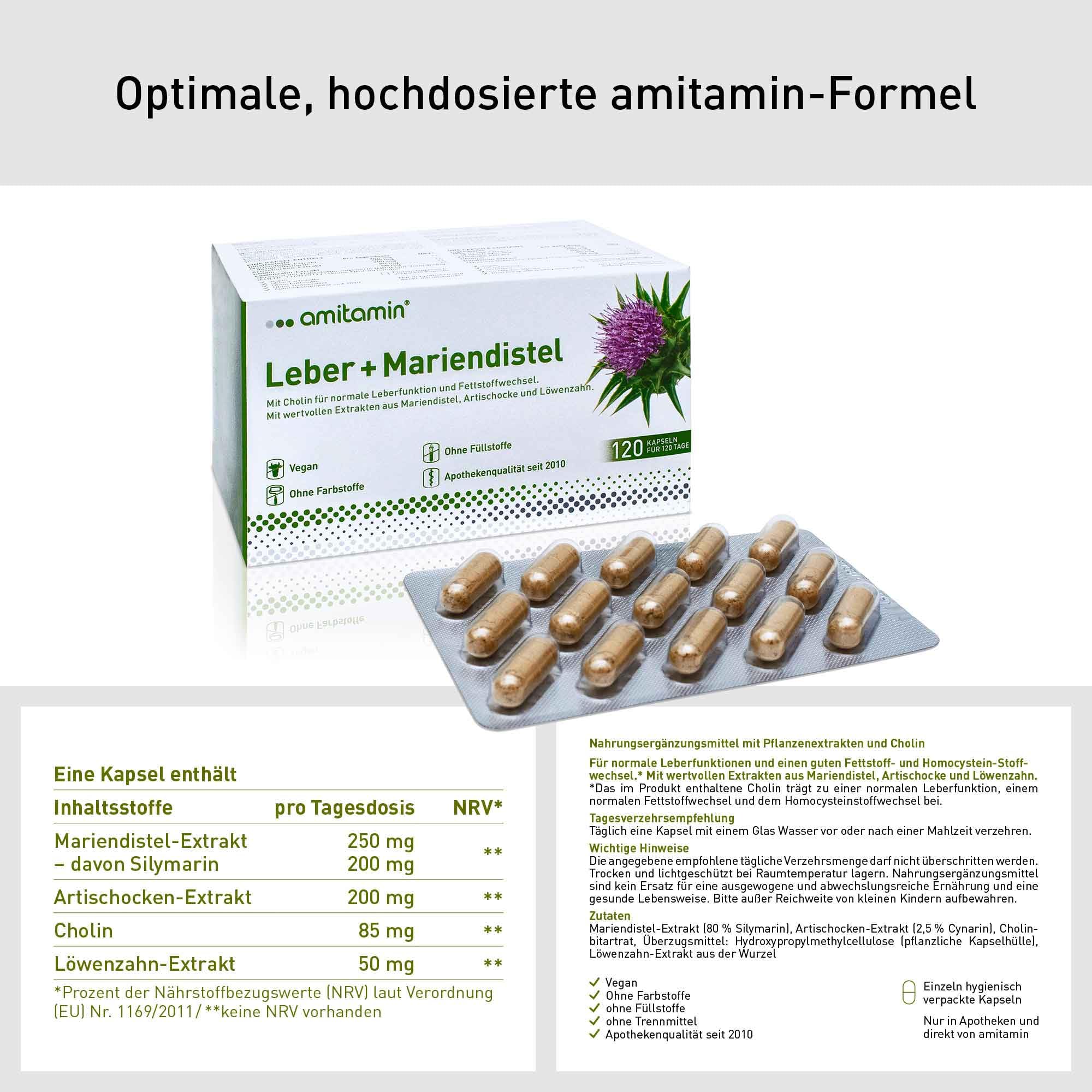 amitamin Leber + Mariendistel Komplex | Kapseln hochdosiert | Artischocke, Löwenzahn plus Cholin für den Stoffwechsel | 120 Kapseln - 4 Monate | Silymaringehalt 80% | deutsche Herstellung | vegan
