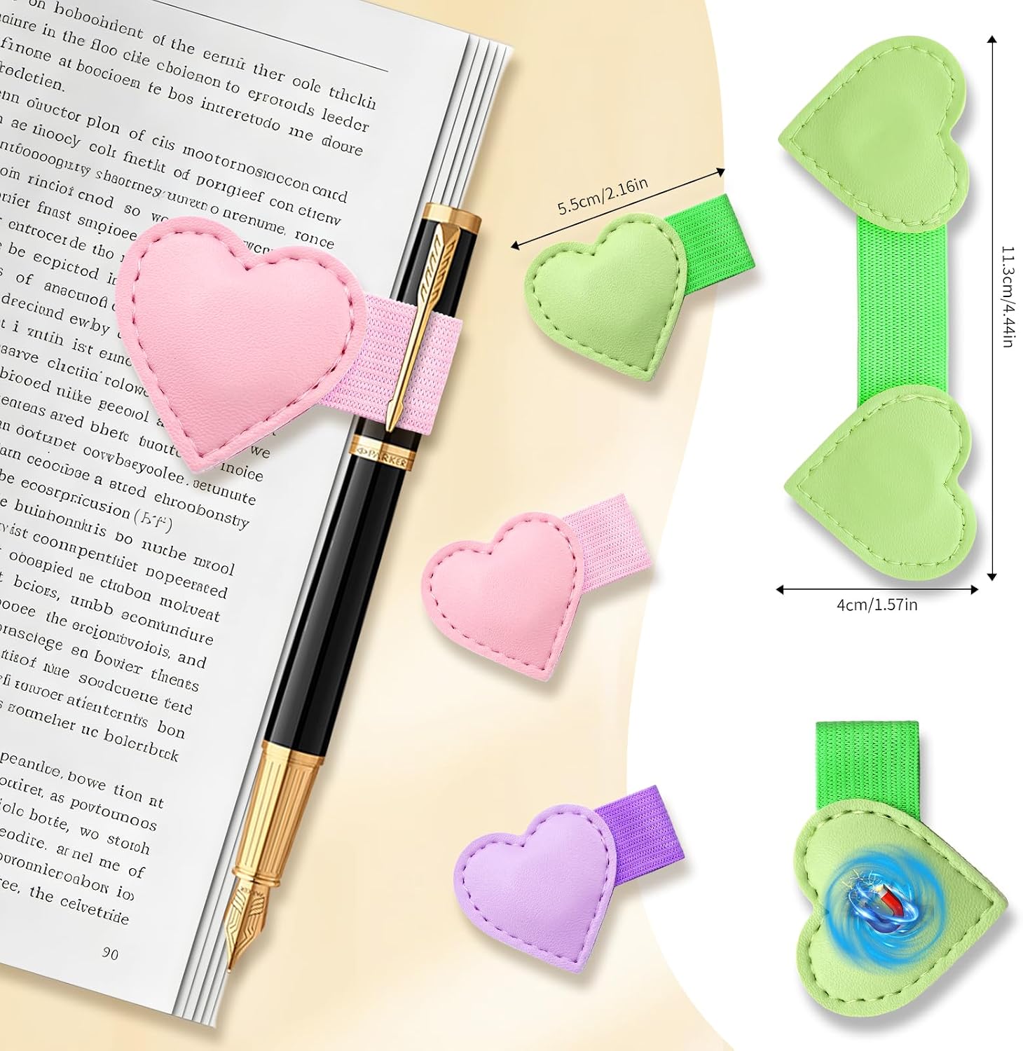 ZLFSRQ 3Pcs Leather Heart Bookmark Cute Magnetic Bookmark with Pen Holder Aesthetic Magnetic Book Marks for Reading Women Readers Book Lover Gifts PU Leather Megnet Bookmarkers School Office Supplies image 5