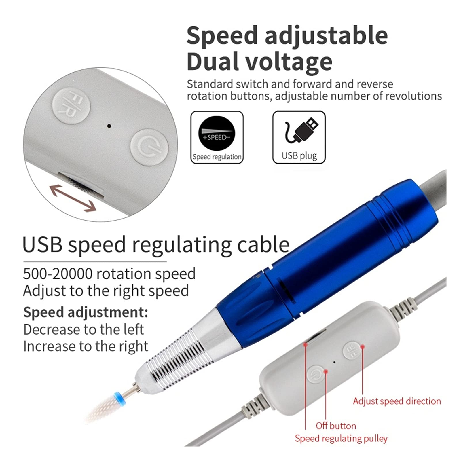Trapano per Unghie Electric 20000. RPM. Macchina per Unghie per Trapano a Penna 5W Facile trasportare Portatile per Uso Domestico 500 0RPM 5. Colori USB Cavo Mini(Noir)