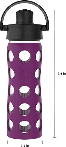 Miniatura 6 de Lifefactory Botella de agua de vidrio de 16 onzas con tapa abatible activa y funda protectora de silicona, color ciruela