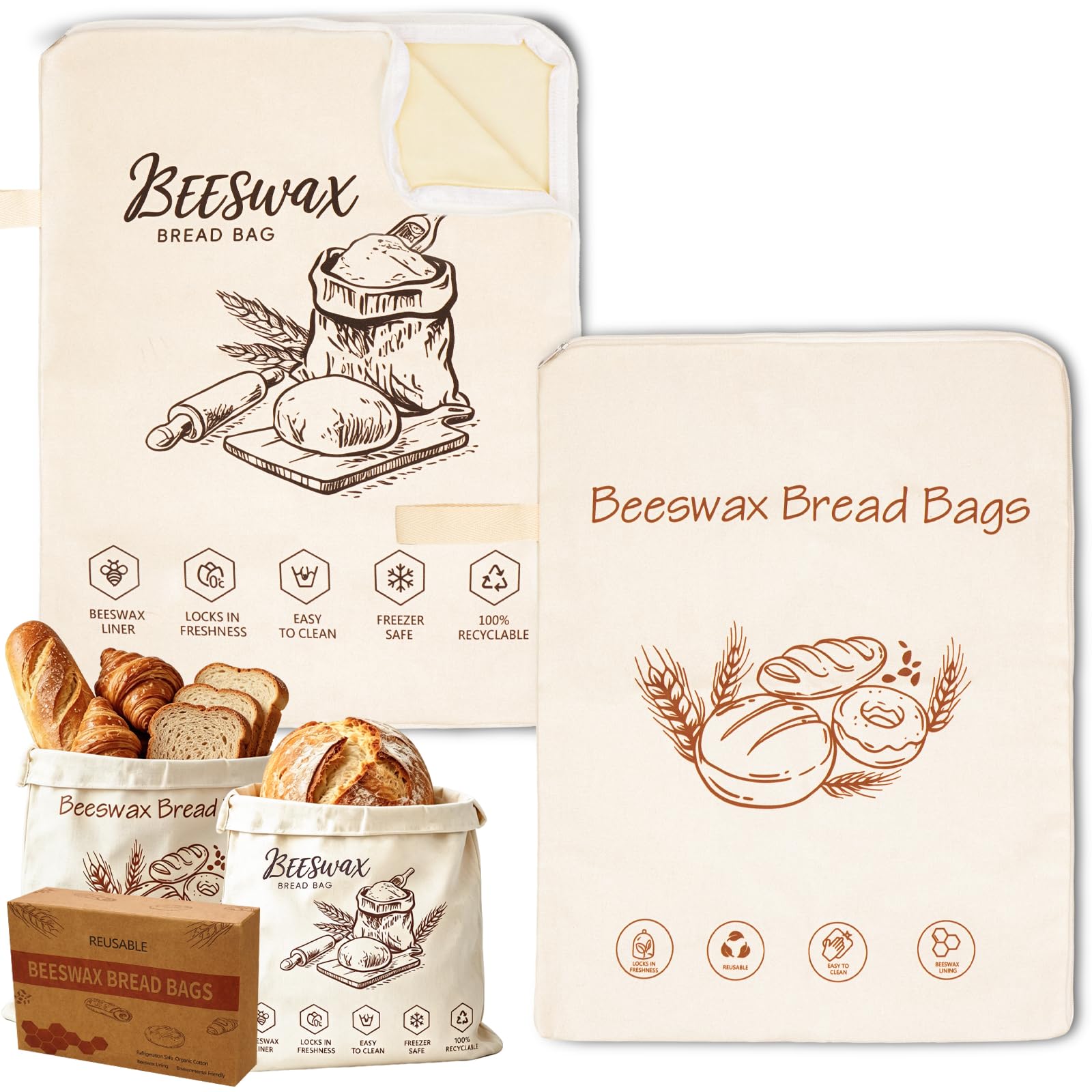 Set di 2 sacchetti per il pane, 41 x 31 cm, in cera d'api, riutilizzabili, per la conservazione del pane, la conservazione di prodotti da forno