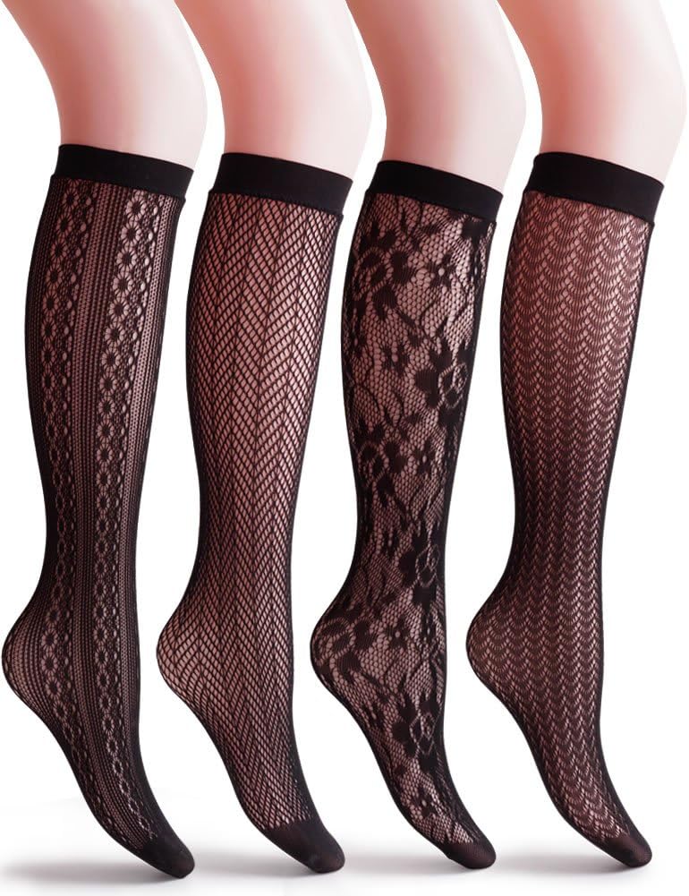 VERO MONTE 4 Pairs Women's Fishnet Knee High Socks - Stylish Black + Hollow Out