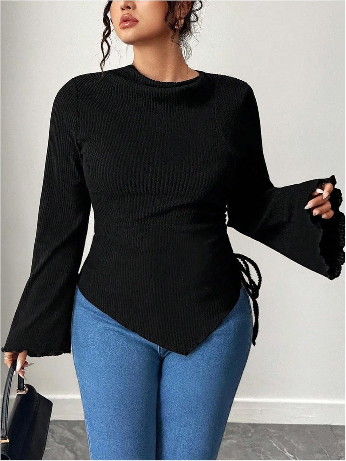 Women's Plus Size Long Bell Sleeve Shirts Ribbed Knit Fall Tops Drawstring Side Cowl Neck Elegant T Shirts - Image 3