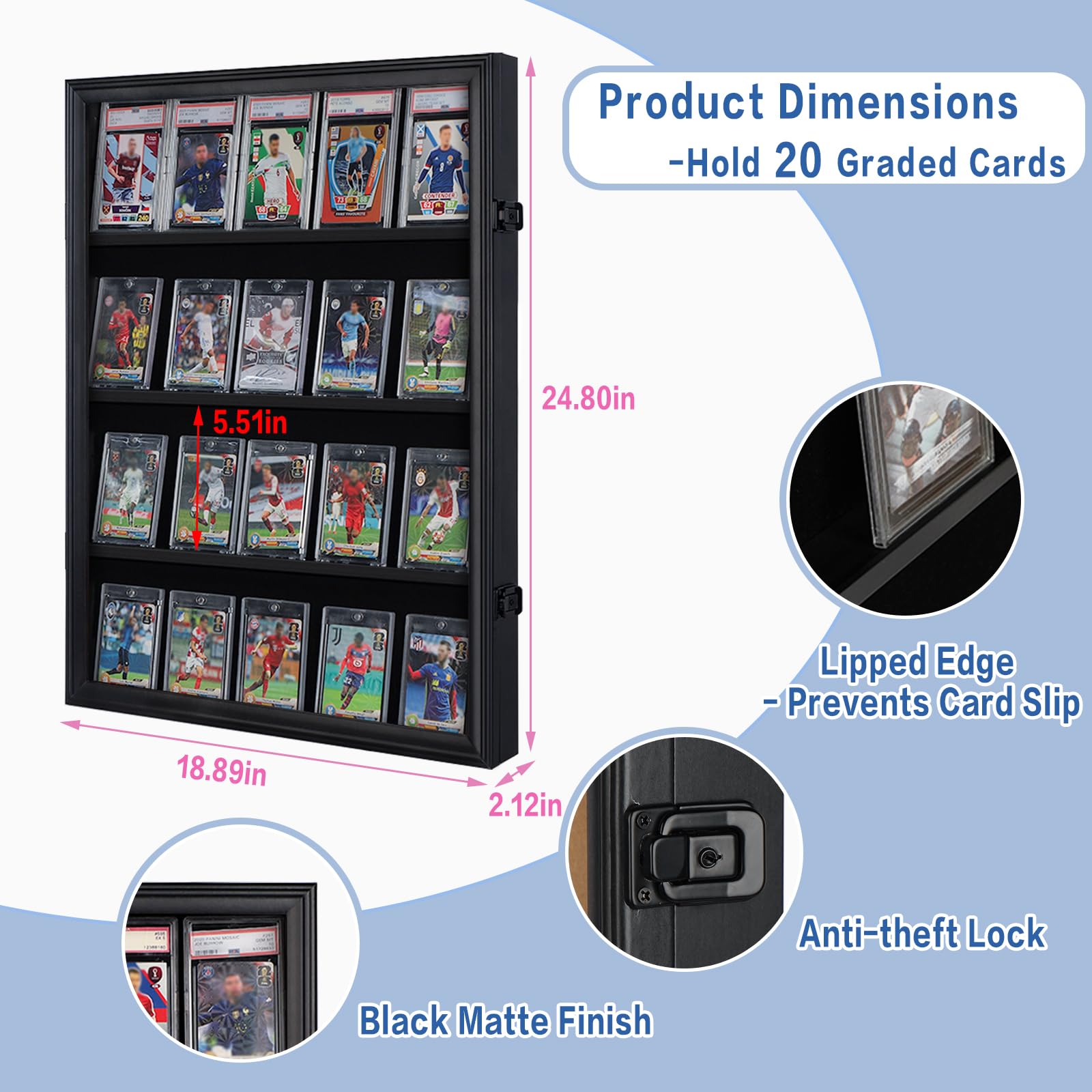 Espositore per carte sportive con protezione UV, con serratura, per pallacanestro, calcio, baseball, hockey, 20 pezzi, finitura nera