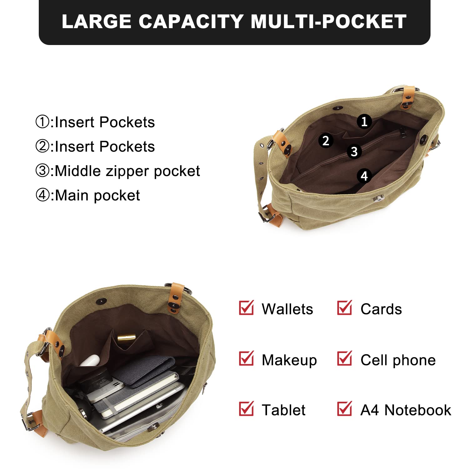 Kono Mochila de Bandolera, Bolso de Lona Versátil y Multifuncional, Elegantes Bolsos Cruzados, Gran Capacidad Mochila Duradera para Viajes de Gran Capacidad para Mujeres Niñas(Khaki)