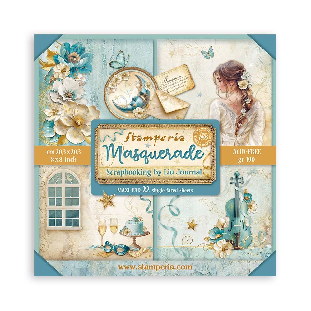Stamperia - Scrapbook Paper Pad for Scrapbooking, Albums, Card Making, Bullet Journalling and More, Acid Free, Single Face, Perfect for Hobbies, Crafts, and Gifting (Masquerade) (20.3 x 20.3 cm)