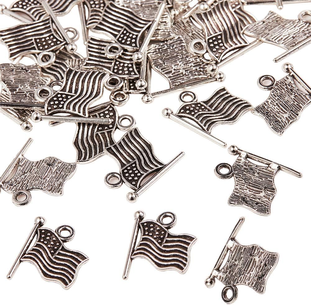 SUNNYCLUE 100Pcs American Flag Patriotic Charms - USA Independence Day Antique Silver Alloy for Jewelry Making, Christmas Tree Decor, DIY Necklace, Bracelet, Earrings Craft