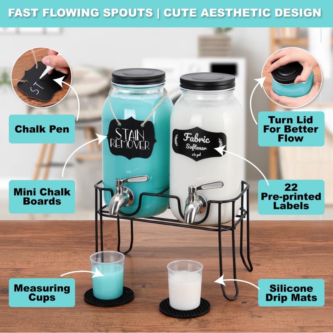 AMEY Laundry Detergent Dispenser Glass Jar Two Half Gallon Decorative