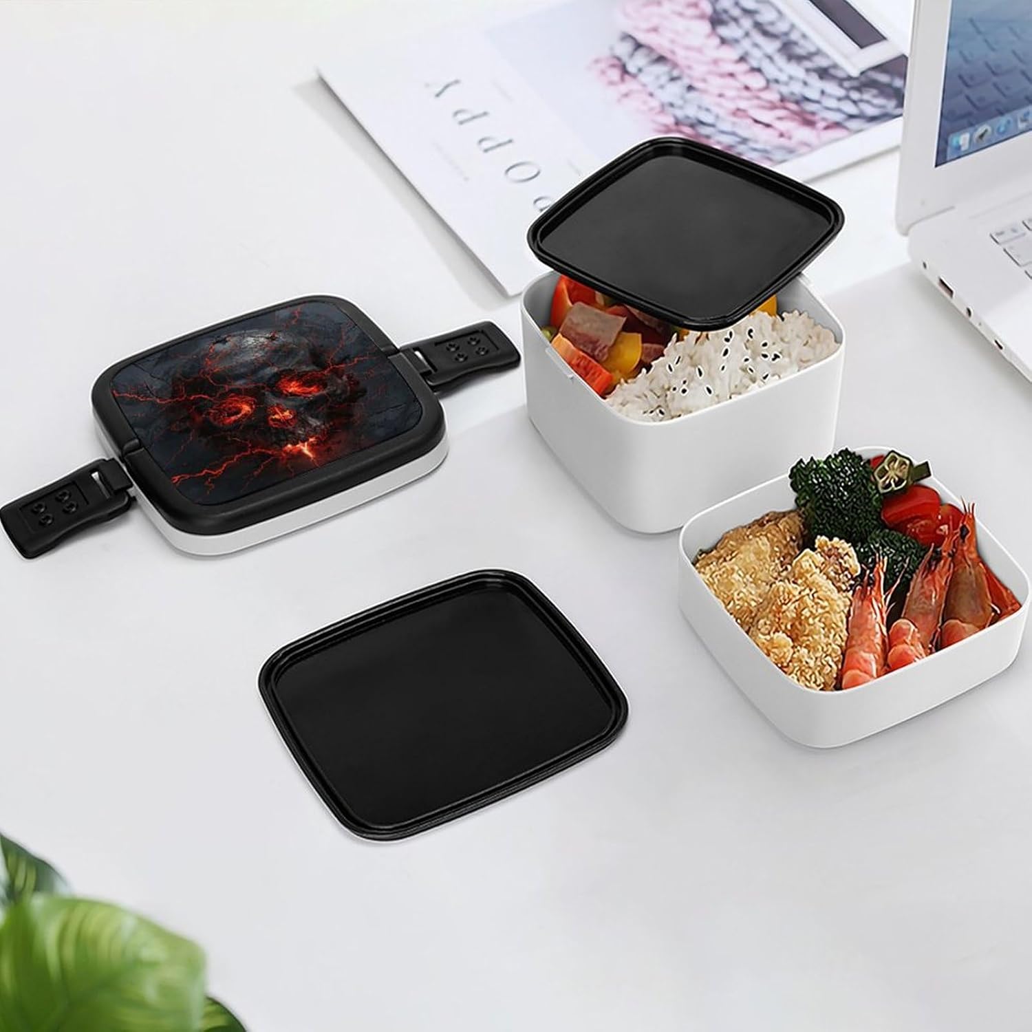 Adults Lunch Box Adult Bento Box Stackable Bento Box BPA-Free Red Lava Skull Lunch Box Food Container Ideal for Meal Prep, Work, And On The Go