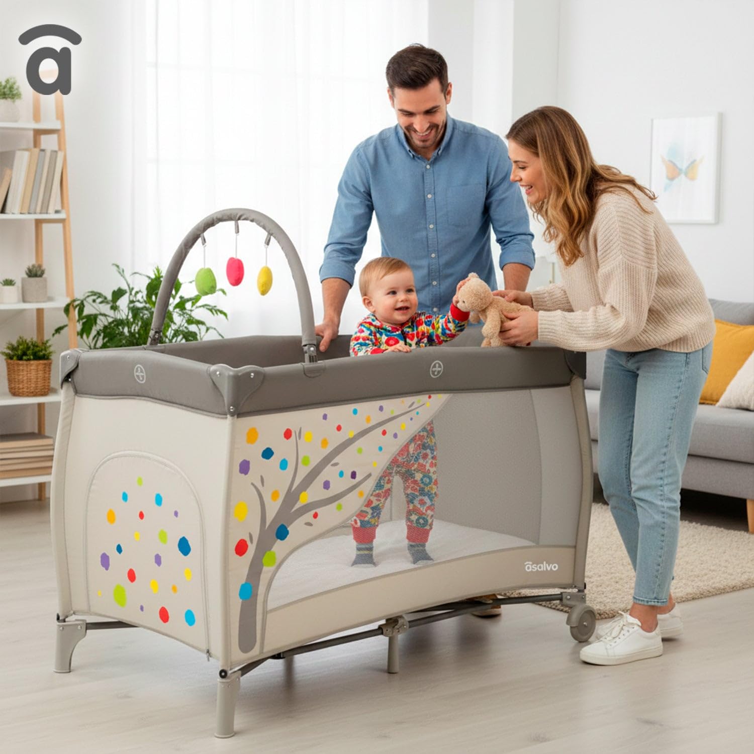 Asalvo Cuna de Viaje Completa con Doble Altura y Cambiador 0-15 kg – 120x60 cm – Plegado Compacto, Ruedas con Freno y Bolsa de Transporte (Arbol Beige)