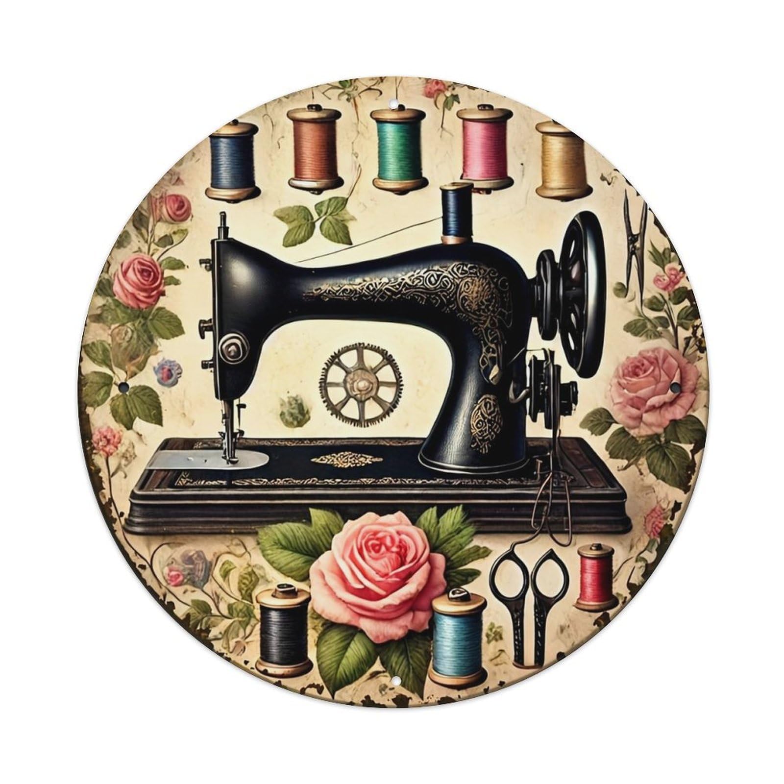 Jdyaojiesheng Vintage Sewing Machine Roses Threads Round Tin Sign Retro Metal Wall Decor Metal Poster, Home Bar Garage Farmhouse Cafe Wall Art Decoration 8X8inch